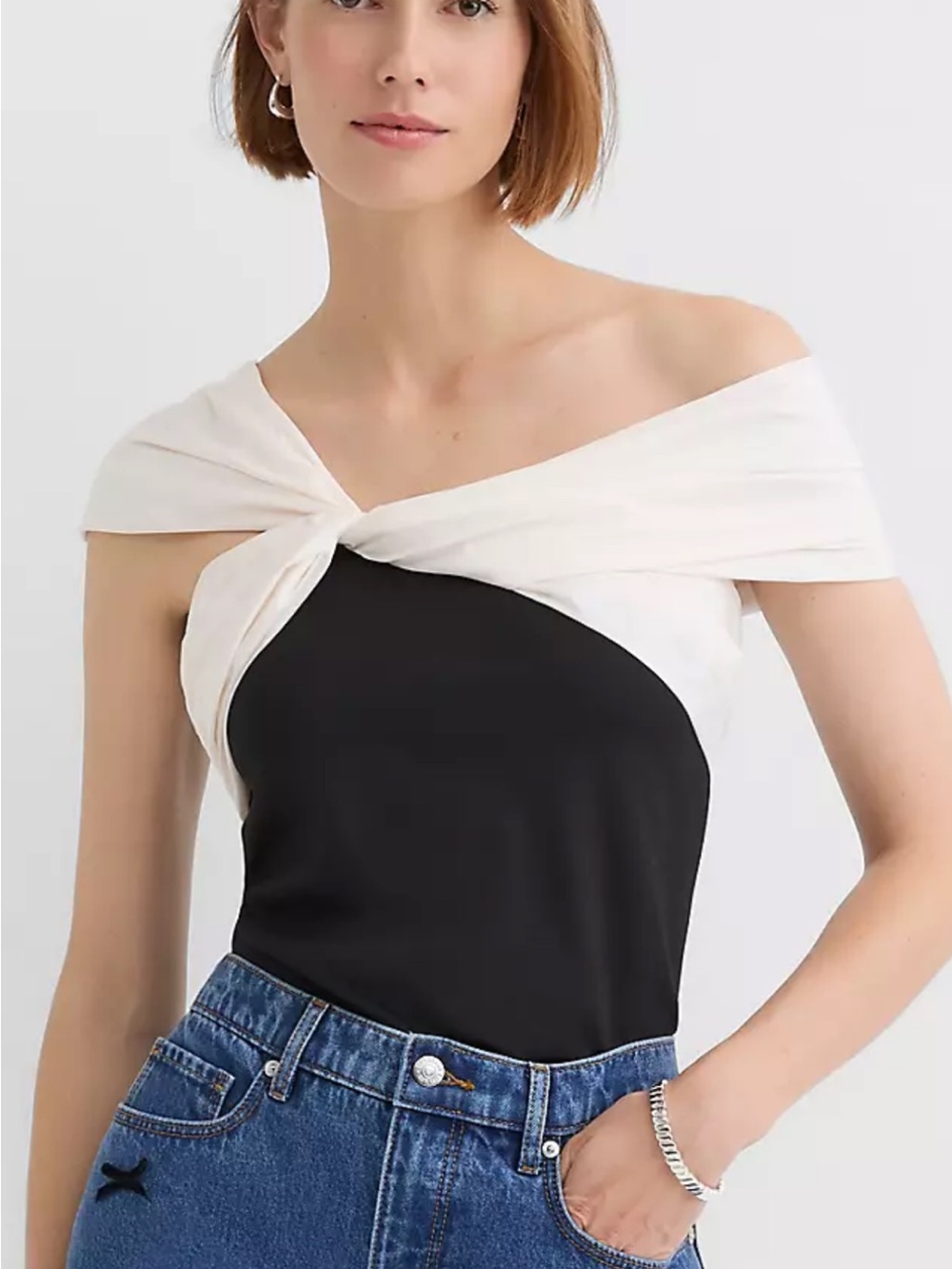 LOFT Black Bodice with White Twist Off-Shoulder Top